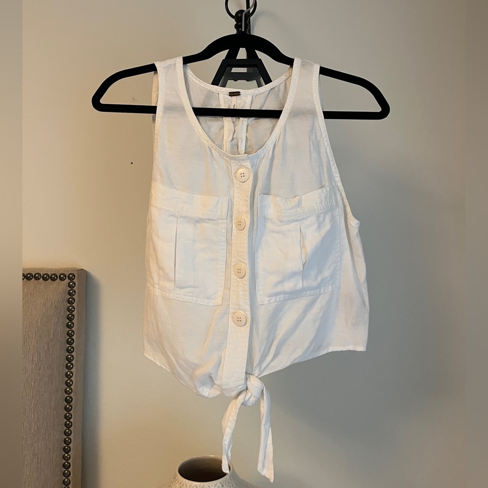 Free People White Button Down Tank with Front Tie